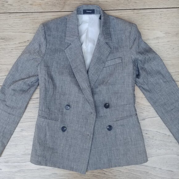 Theory size 4 linen blend double breasted blazer jacket lightweight gray - Picture 16 of 16